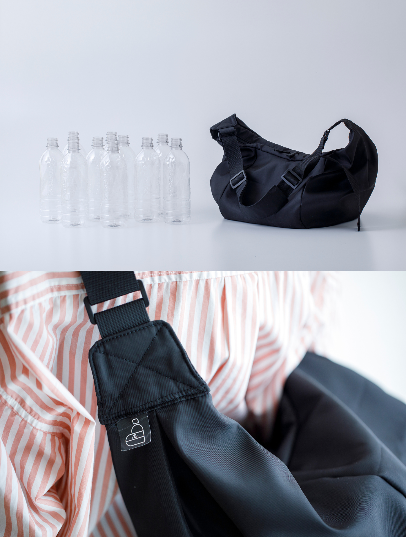 このバッグは、被災地や避難所のペットボトルを100%リサイクルして誕生しました。1つのバッグに500mlペットボトル約10本分を使用。避難所の方々がラベルやキャップをきちんと分別してくれたことで、再び素材として生まれ変わりました。
アース・グリーン・マネジメントの独自技術により、薬剤を使わずに安心・安全なリサイクルペレットへと加工。排水処理の負担を減らし、CO₂削減や再生可能エネルギーの利用など、環境にも配慮した取り組みも行っています。
バッグの外側には「ペットボトル+ハート」をイメージしたタグを、内側にはプロジェクト詳細につながるQRコード付き品質タグを。リサイクルペットボトルが生まれ変わってバッグになったというメッセージを添えました。